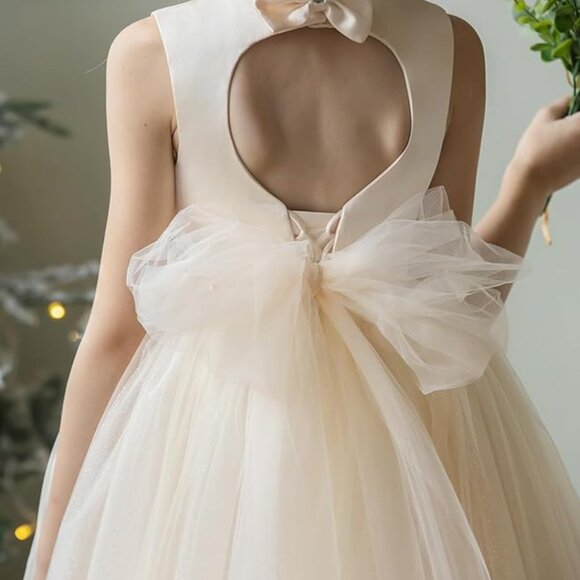 Girls Sleeveless Formal Princess Pageant Flower Girl Gown Satin/Tulle IVORY Sz 8 - Picture 4 of 8